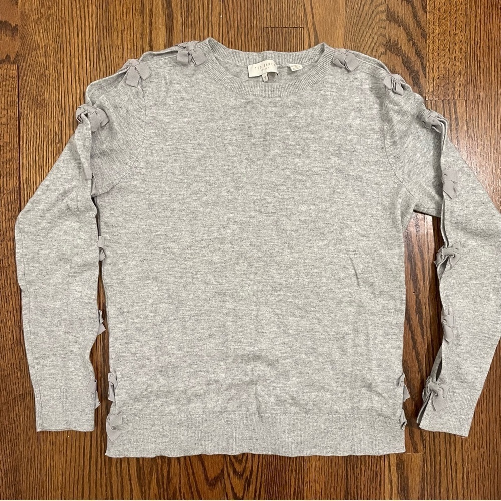 Ted Baker London Gray Sweater Bow Sleeves Cutout Lightweight Size 2